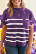 Purple Stripe Patched-Pocket Knit Sweater
