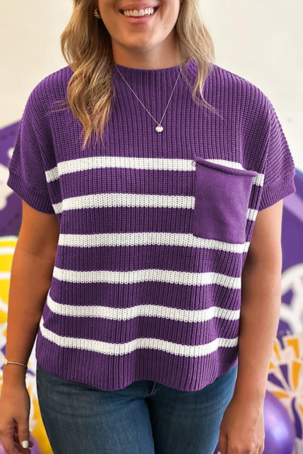 Purple Stripe Patched-Pocket Knit Sweater