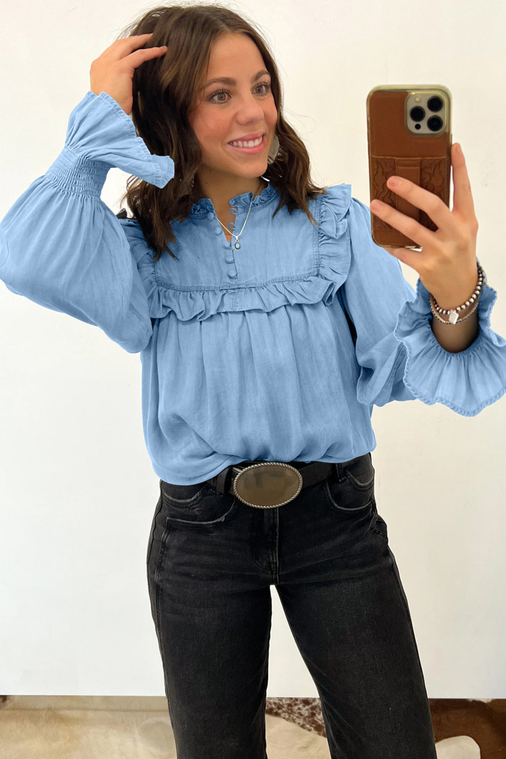 Beau Blue Western Ruffle V-Neck Long-Sleeve Chambray Blouse
