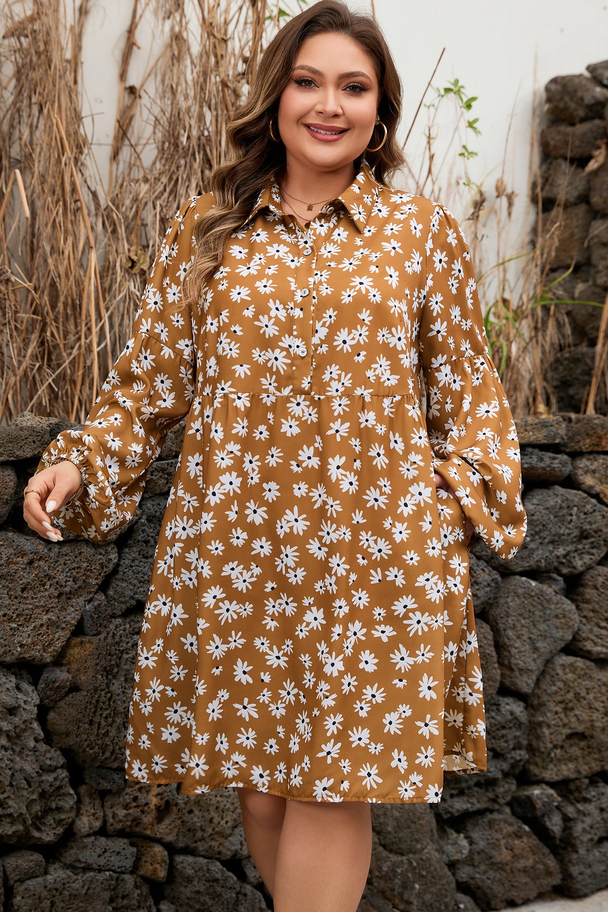 Plus size khaki dress with daisy floral print, button front, split neck, and puff sleeves by Dear-Lover, perfect for casual wear.