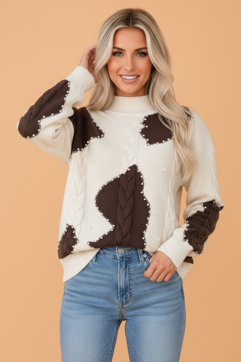 Western Cow Print Beaded Cable Knit Mock Neck Sweater