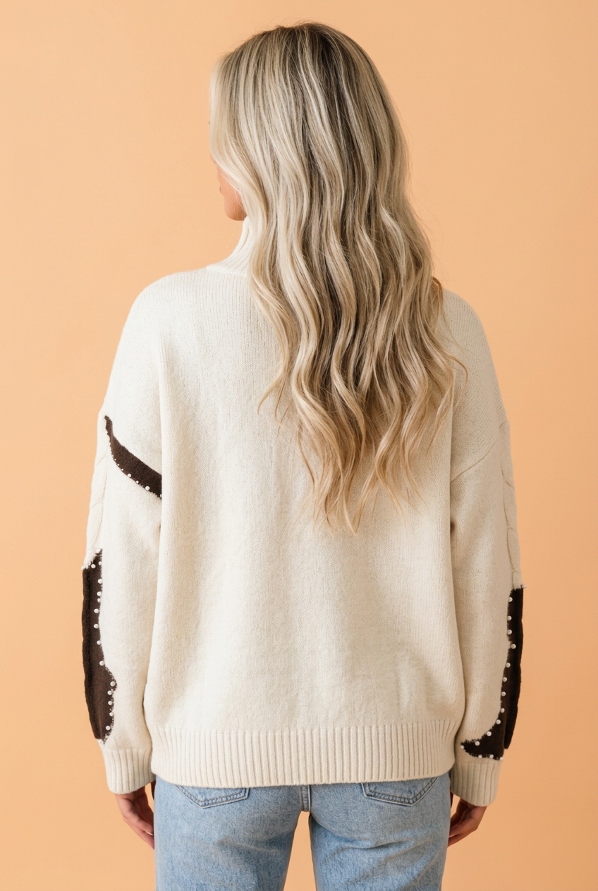 Western Cow Print Beaded Cable Knit Mock Neck Sweater