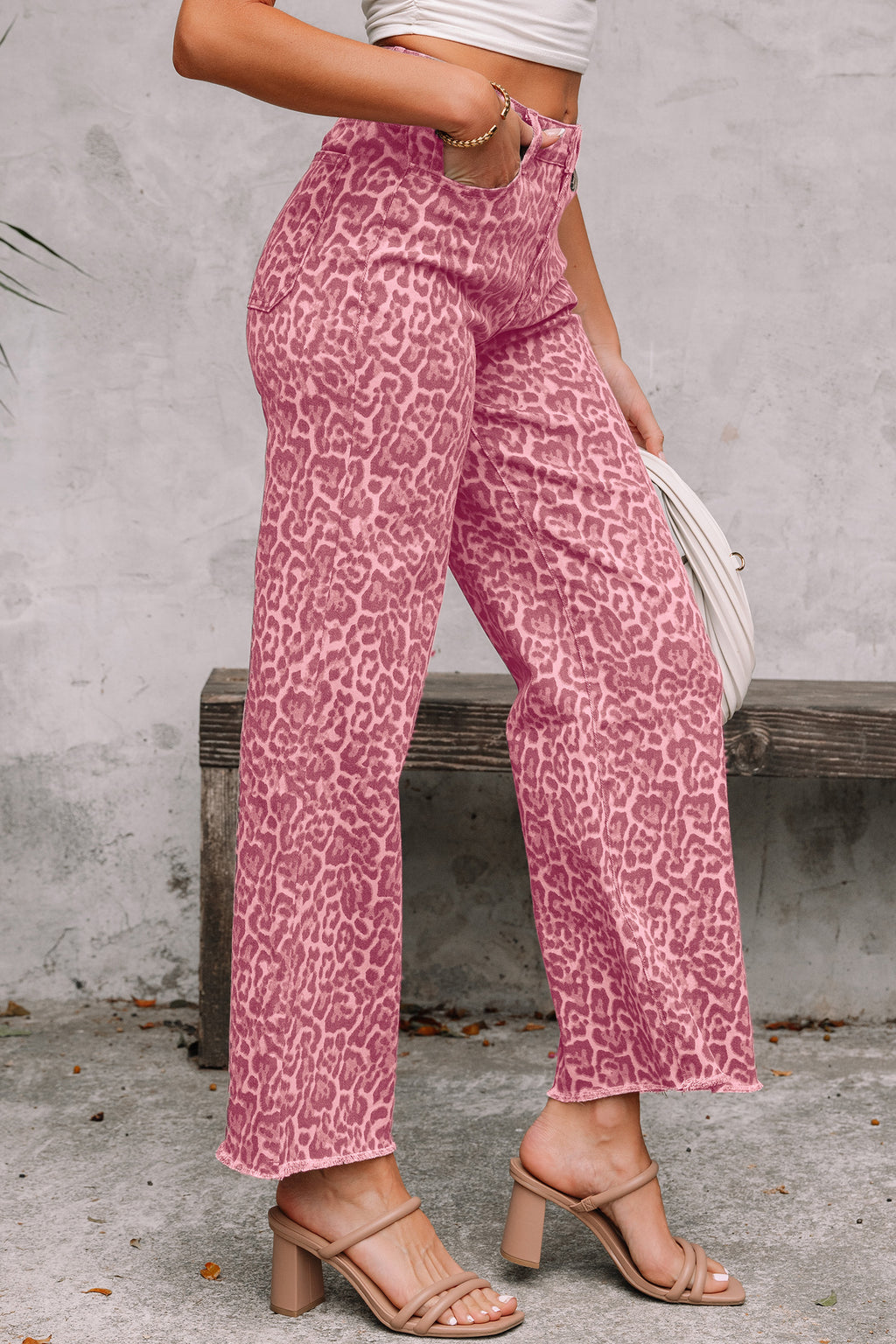 Leopard Frayed Wide-Leg Jeans