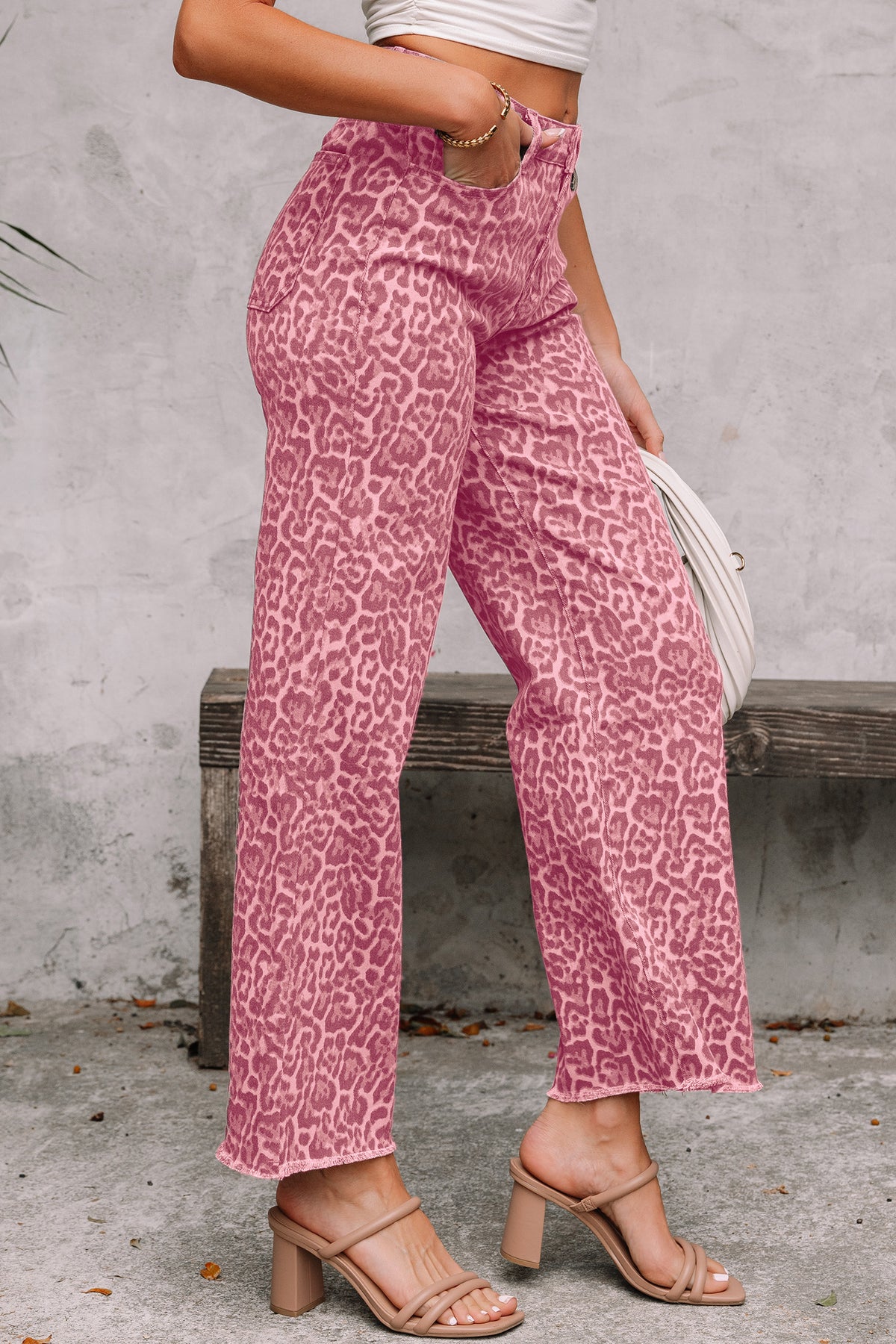 Leopard Frayed Wide-Leg Jeans