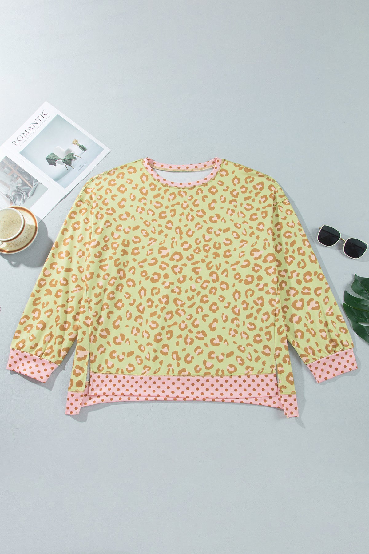 Brown plus size long sleeve top with leopard print and polka dot trim, stylish plus size top by Dear-Lover.