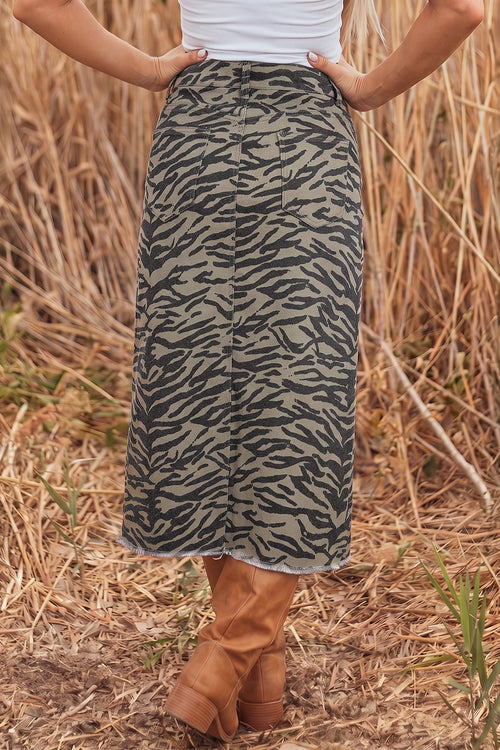 Brown leopard print denim midi skirt with side split and frayed hem, stylish skirt from Dear-Lover Dropshipping.