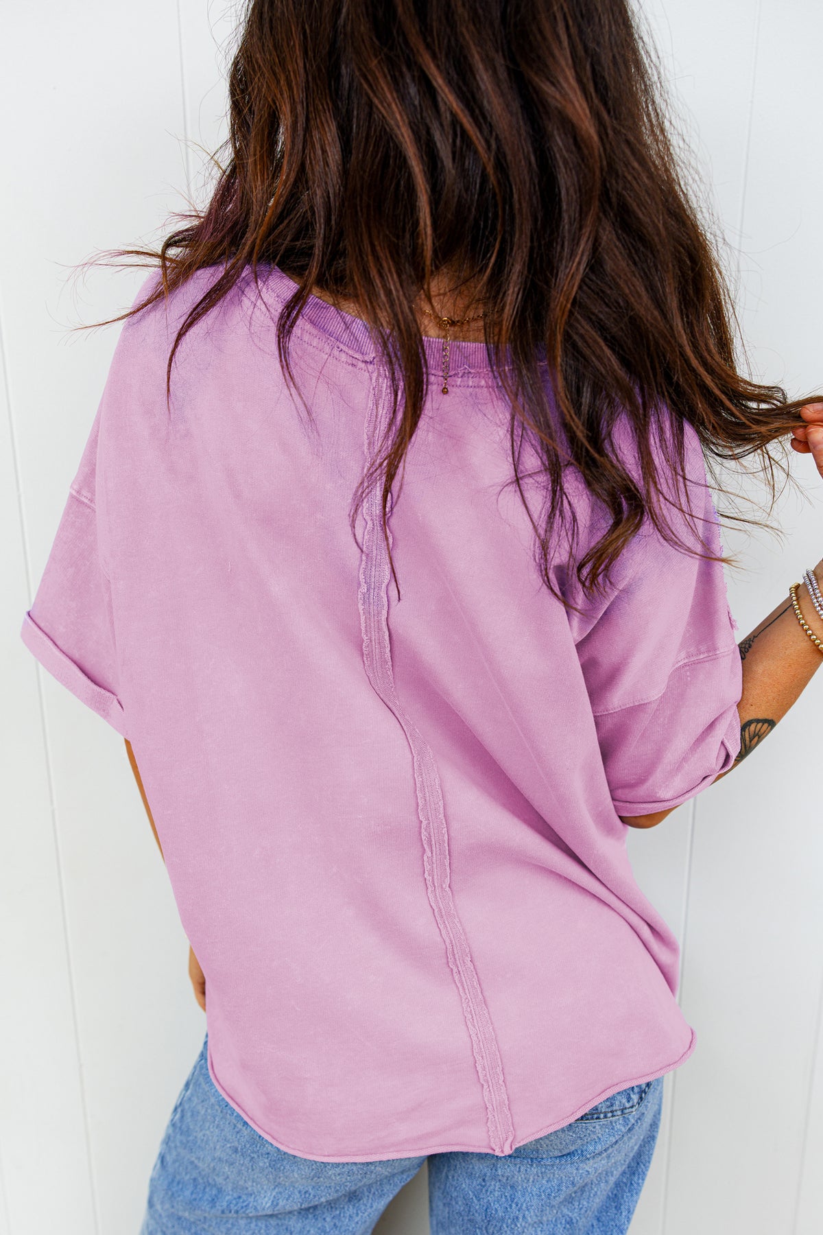 Lavendula 100% Cotton Mineral Wash Drop Shoulder Raw Edge Loose Tee