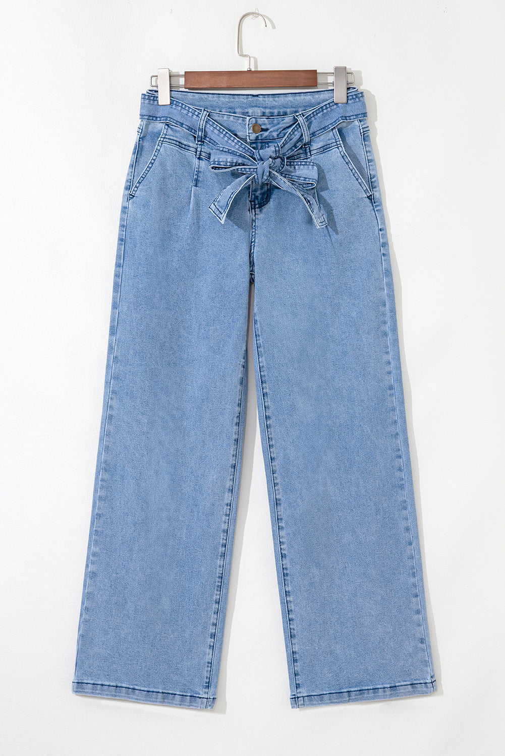 Dear-Lover Blue Western Washed Bow Knot Sash Wide Leg Jeans, stylish denim bottoms with a wide-leg fit and bow sash detail.