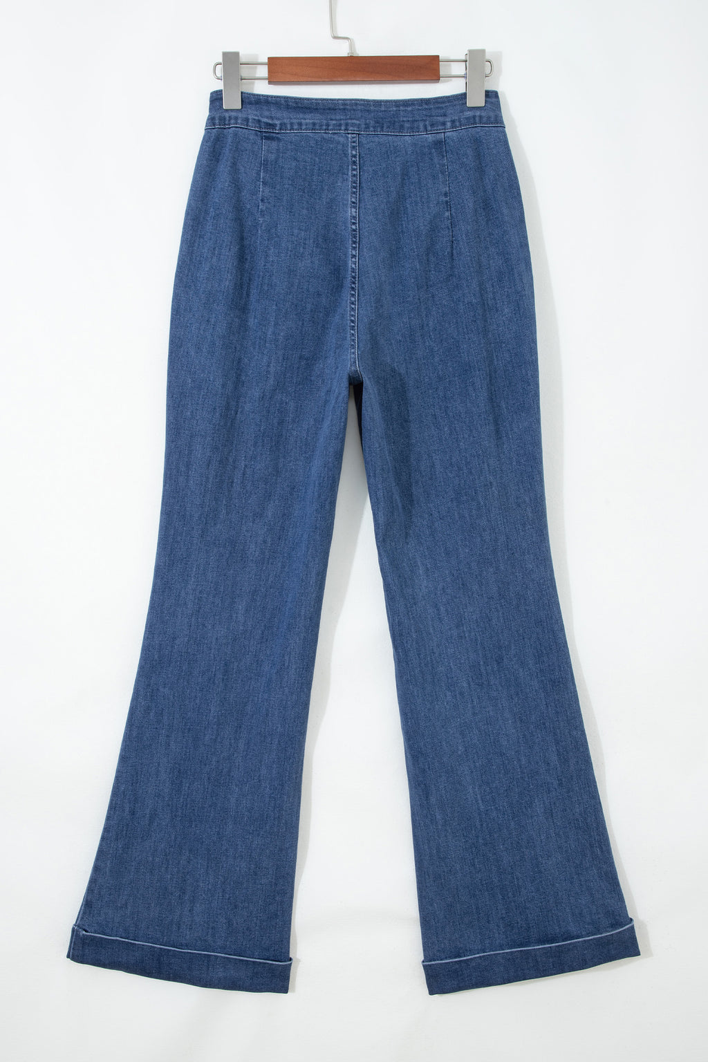 Dear-Lover blue flare jeans with golden button details and rolled edges, featuring a stylish flare leg design.