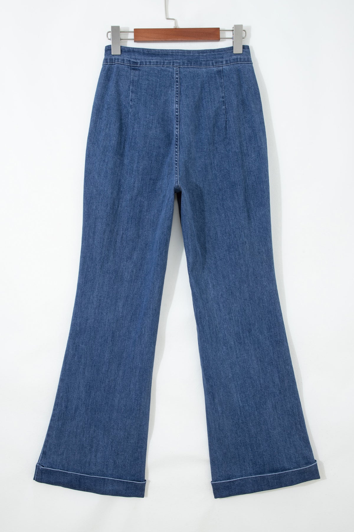 Dear-Lover blue flare jeans with golden button details and rolled edges, featuring a stylish flare leg design.