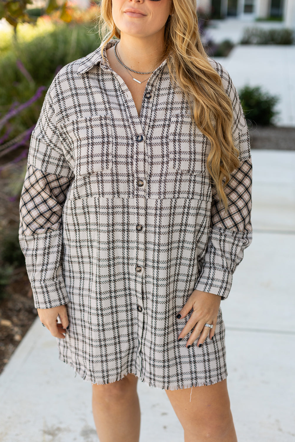 White stripe plus size plaid buttoned tunic shirt dress with raw hem, by Dear-Lover, featuring a stylish casual look.