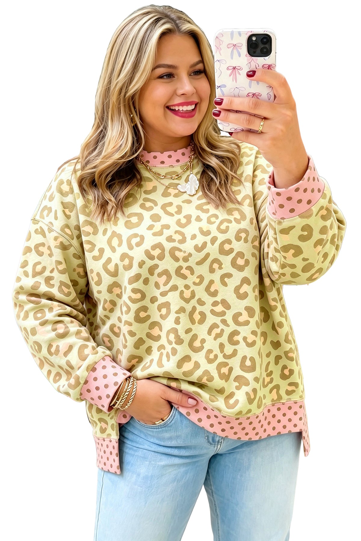 Plus size brown long sleeve top with leopard print and polka dot trim from Dear-Lover, stylish contrast design.