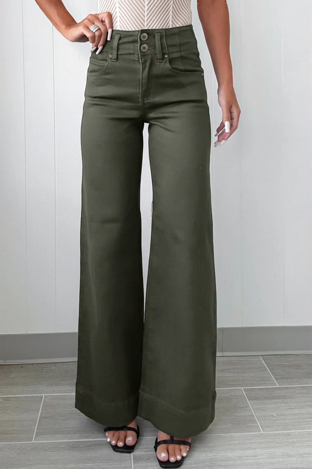 Mist Green Dear-Lover high waist wide leg jeans with 2-button design, showcasing a stylish, relaxed fit and trendy denim style.