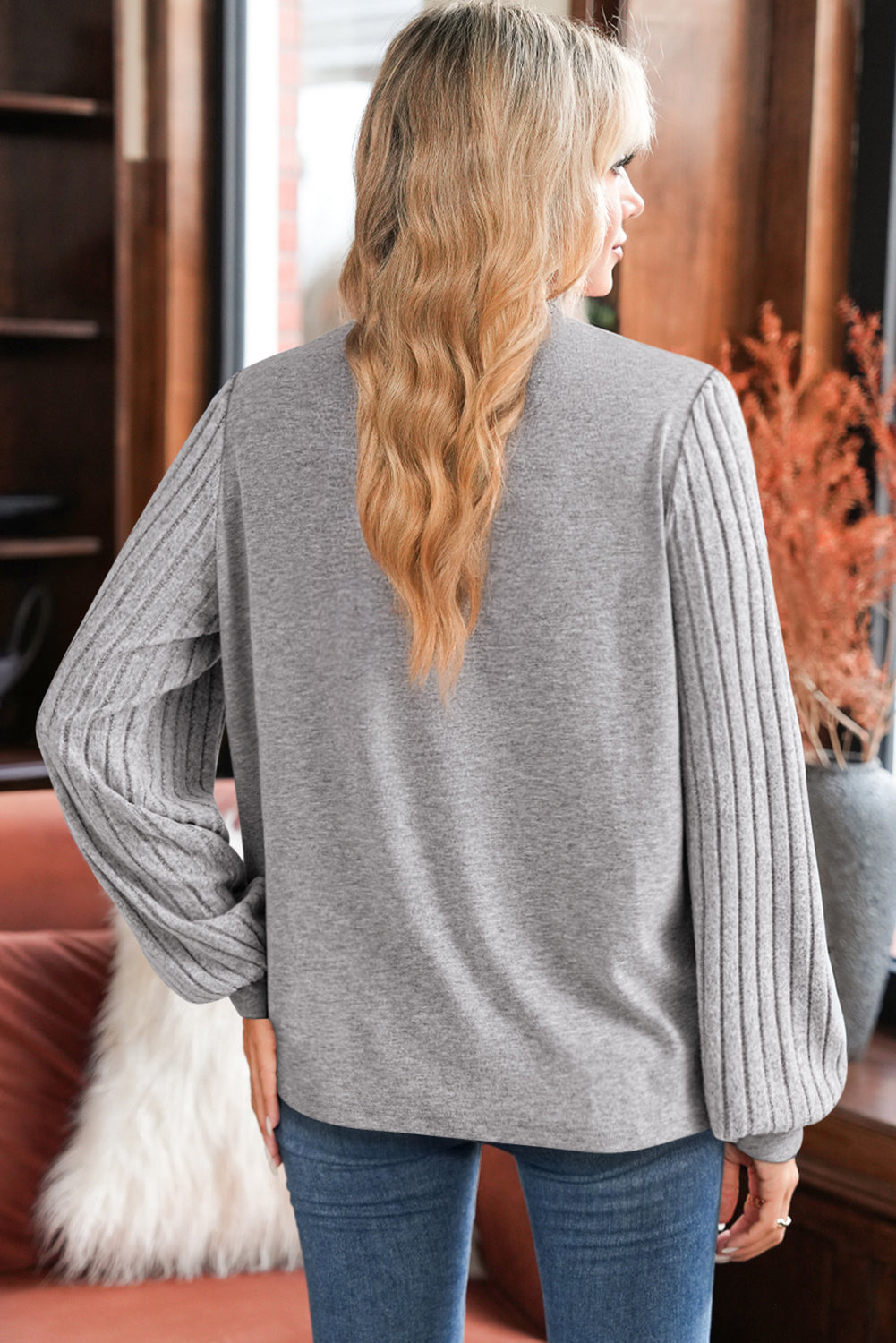Gray Hollowed Lace Ribbed Knit Long Sleeve Patchwork Top
