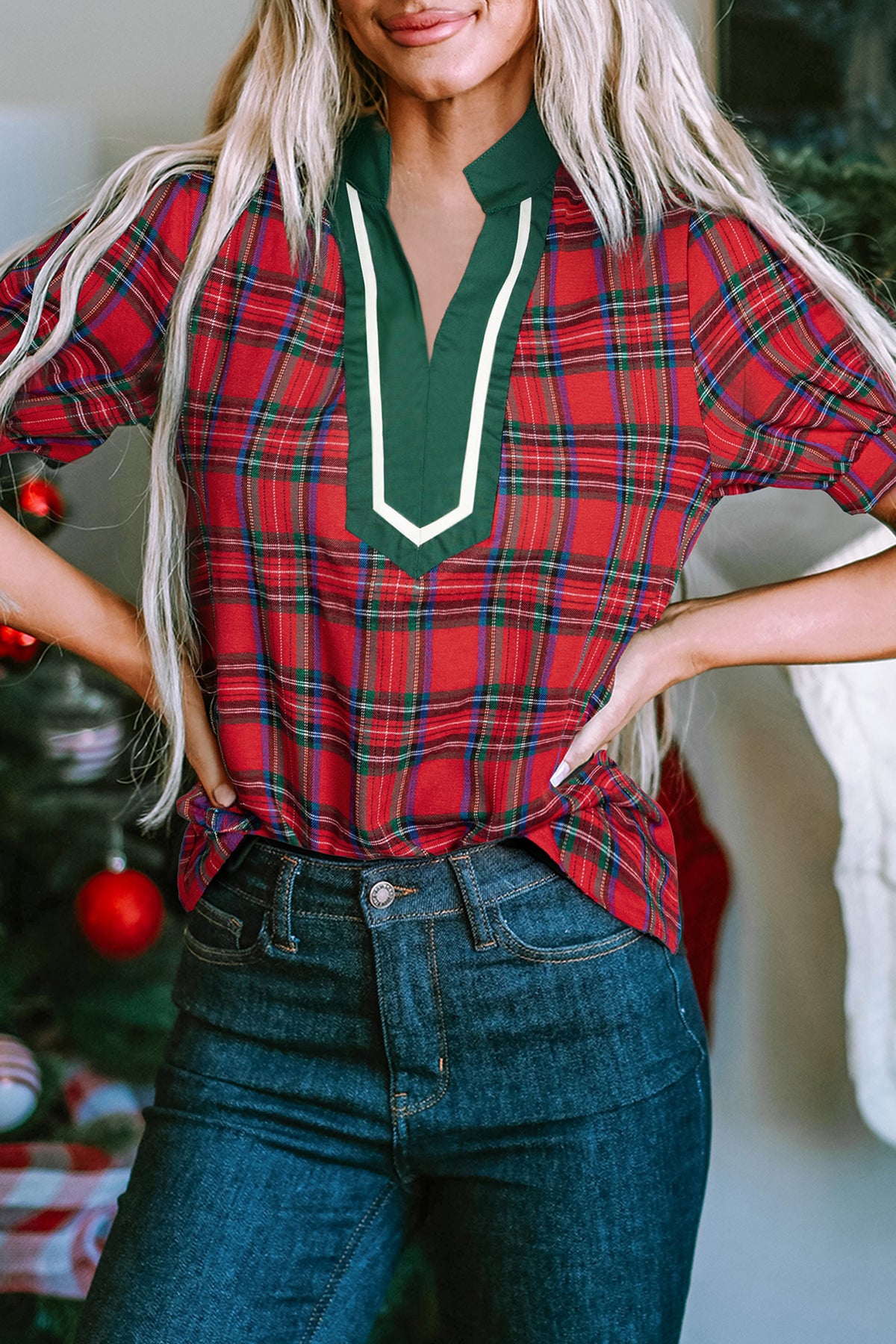 Red Plaid V-Neck Blouse