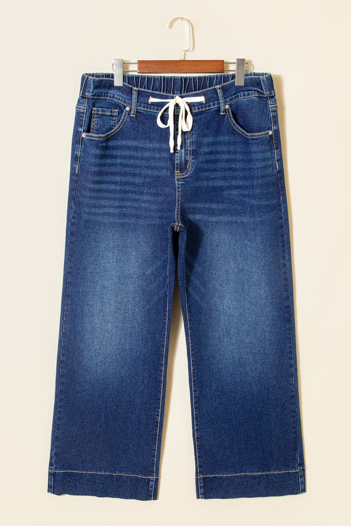 Dark blue acid wash plus size jeans with contrast lace-up detail from Dear-Lover, showing the fit and stylish design.
