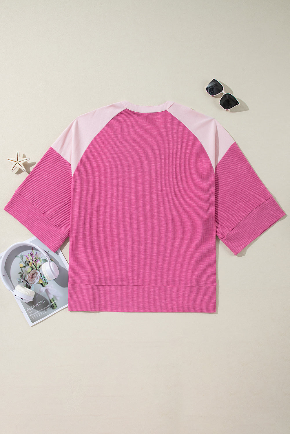 Bright pink textured colorblock 3/4 sleeve oversized top by Dear-Lover, featuring a stylish, relaxed fit and vibrant design.
