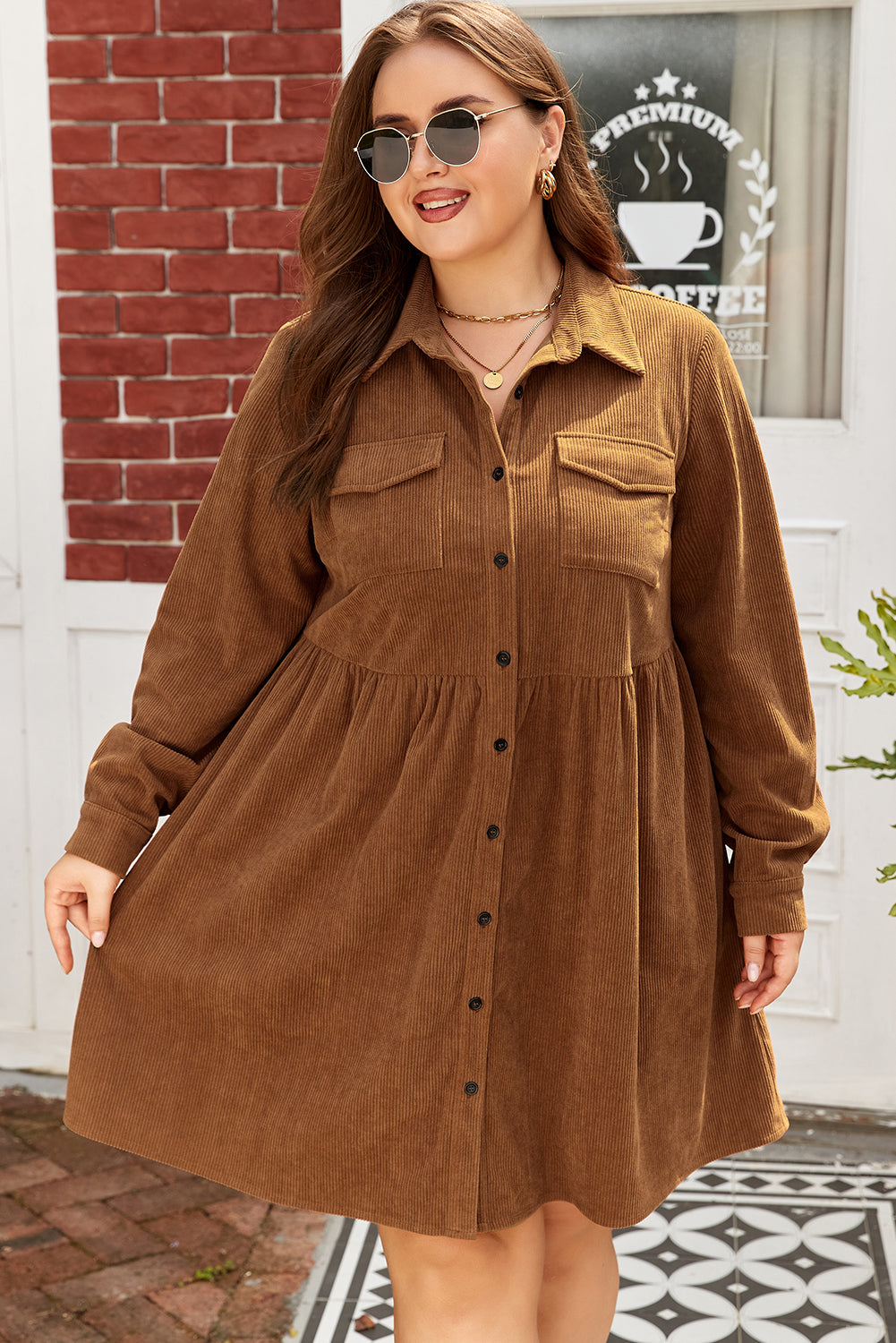Camel Corduroy Full Buttoned Collared Shirt Style Plus Size Dress