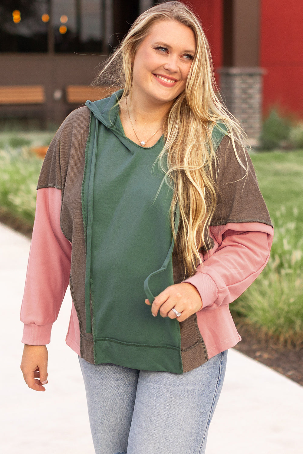 Plus size Dear-Lover colorblock patchwork V-neck hoodie with long sleeves and relaxed fit, casual and stylish.