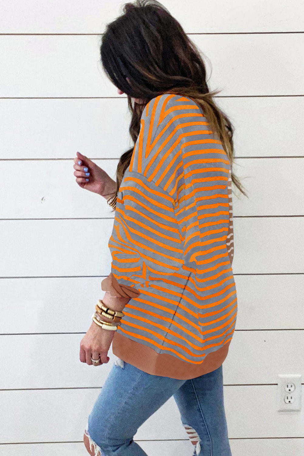 Brown Stripe Colorblock Drop-Shoulder Sweatshirt