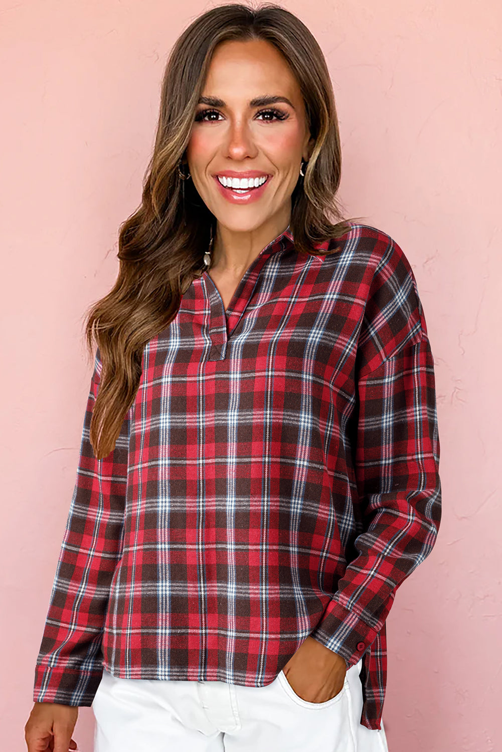 Red Plaid Collared Blouse