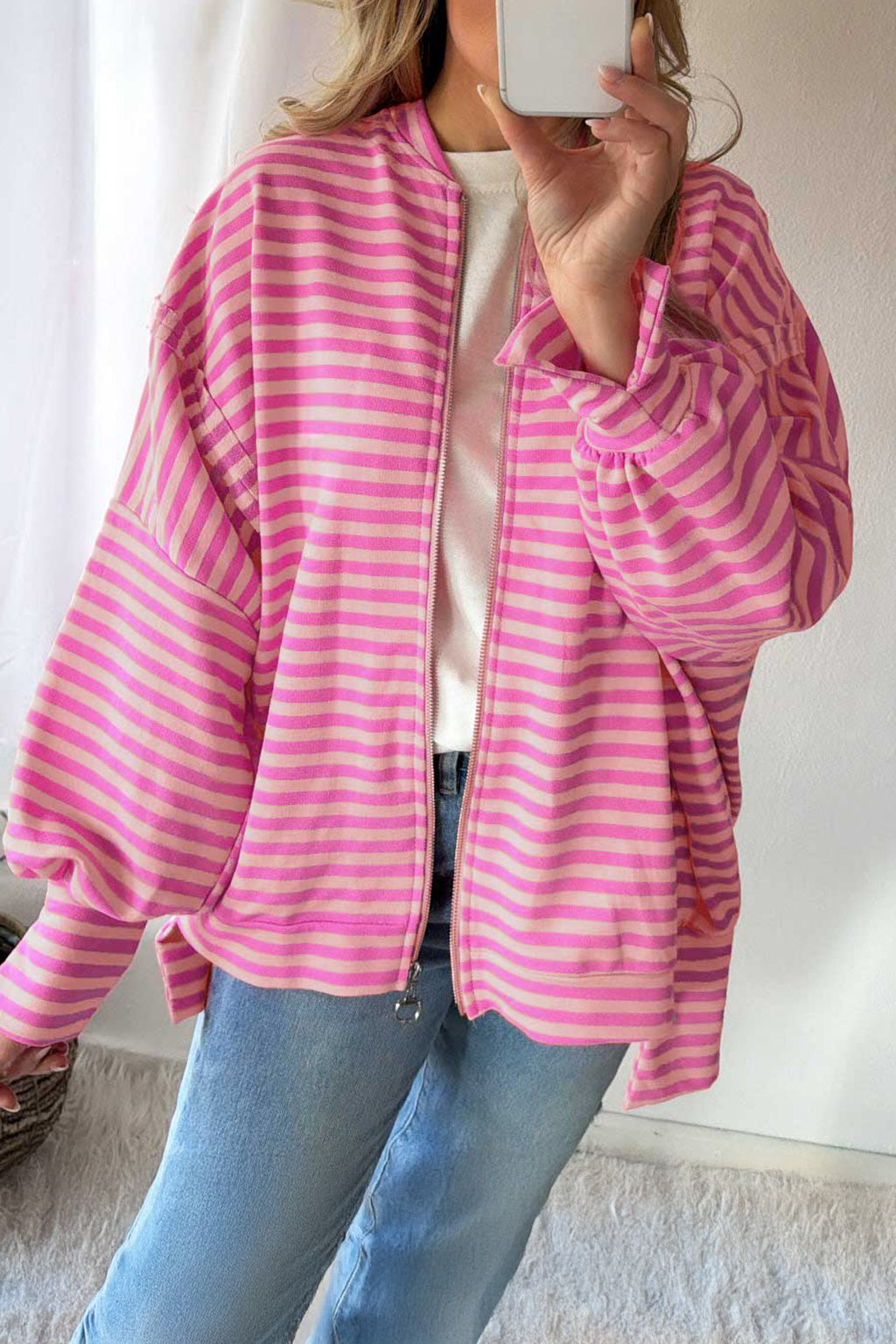 Pink Stripe Zip-Up Puff Sleeve Zip Jacket Sweatshirt