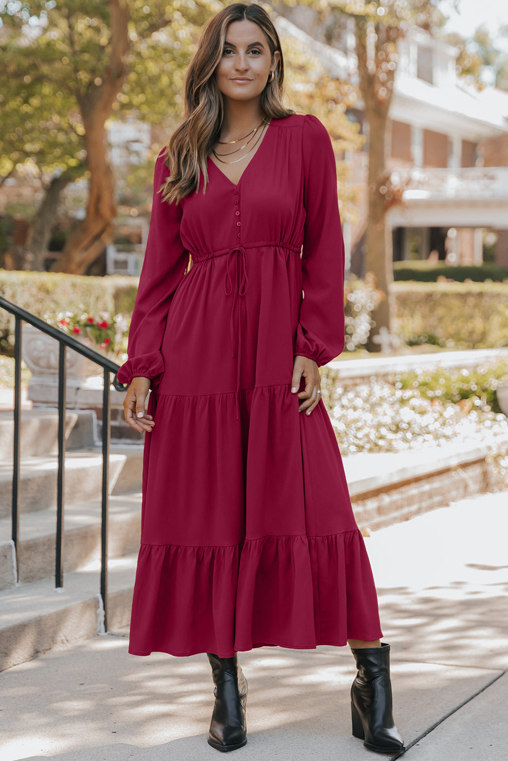 Burgund Long Sleeve V Neck Maxi Dress