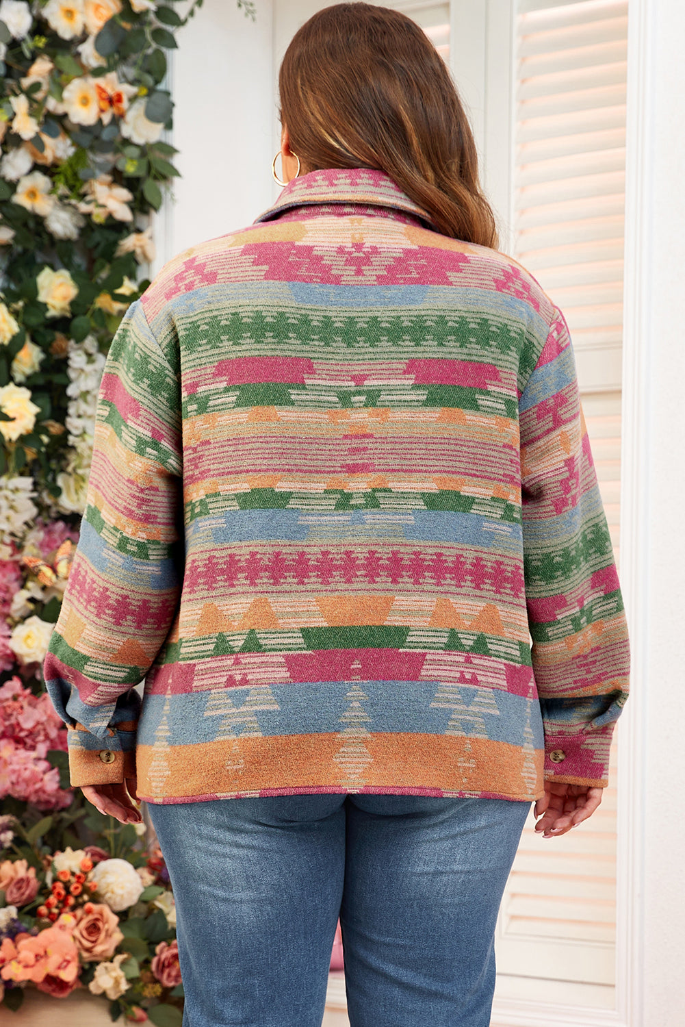 Pink plus size Aztec printed shacket with flap pockets from Dear-Lover, featuring a stylish and comfortable design.