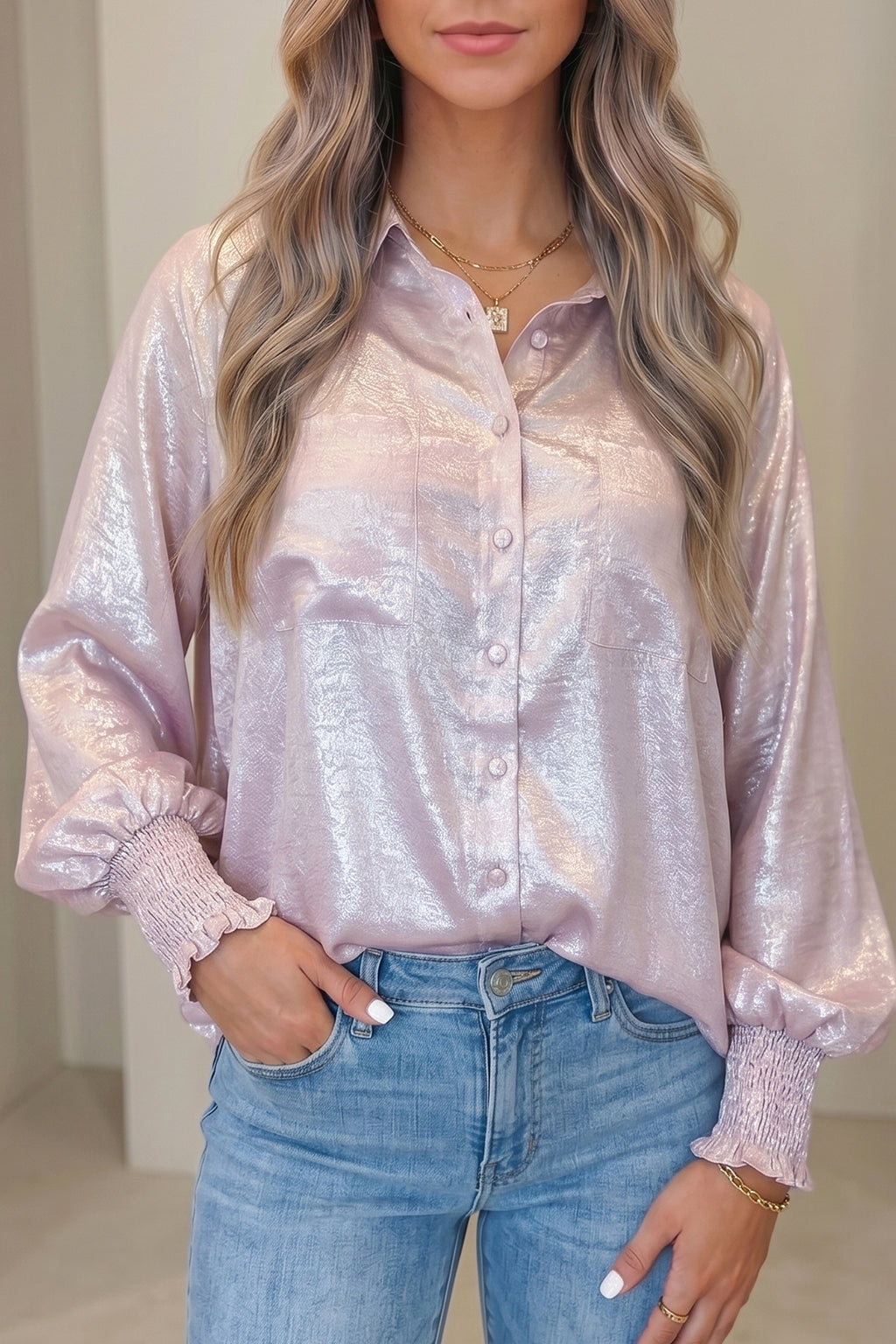 Delicacy Long-Sleeve Button-Front Ruffle Cuffs Back Paneling Shirt