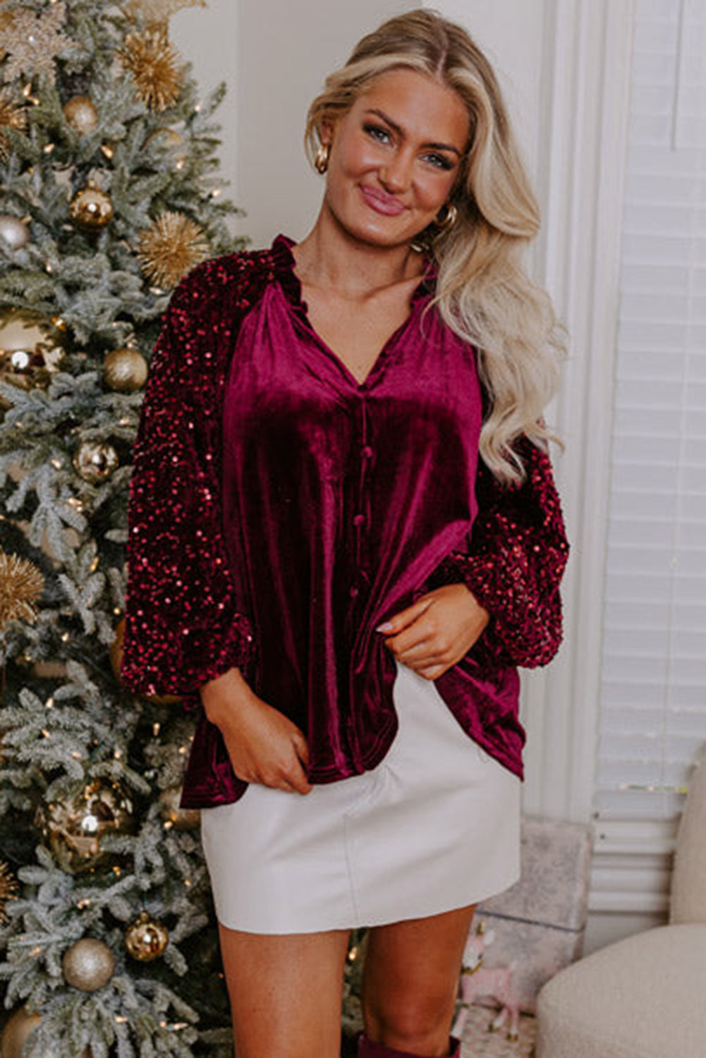 Red Dahlia Sequin Velvet Top