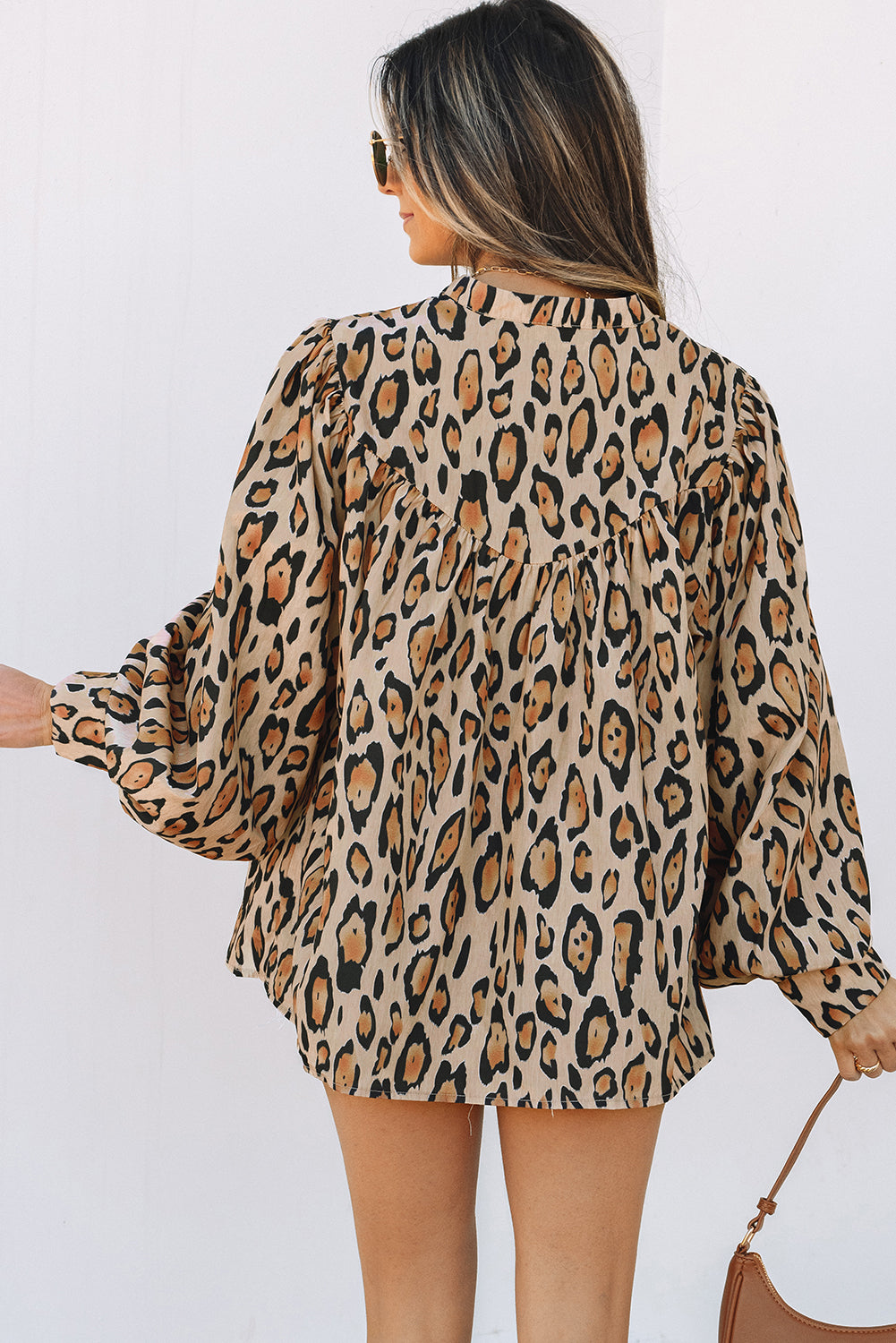 French Beige Leopard Balloon-Sleeve Shirt