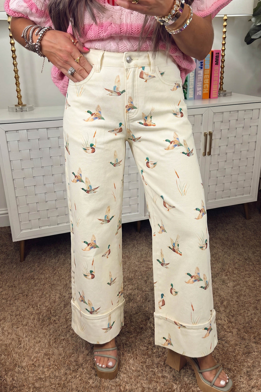 Beige mallard printed cuffed hem shift jeans by Dear-Lover, featuring stylish design and casual fit for everyday wear.