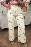 Beige mallard printed cuffed hem shift jeans by Dear-Lover, featuring stylish design and casual fit for everyday wear.
