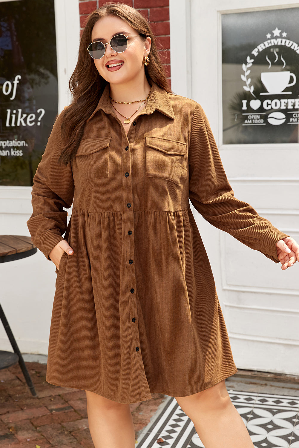 Camel Corduroy Full Buttoned Collared Shirt Style Plus Size Dress