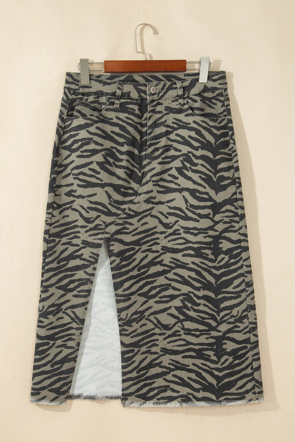 Tiger Stripe Denim Side Slit Raw Hem Midi Skirt