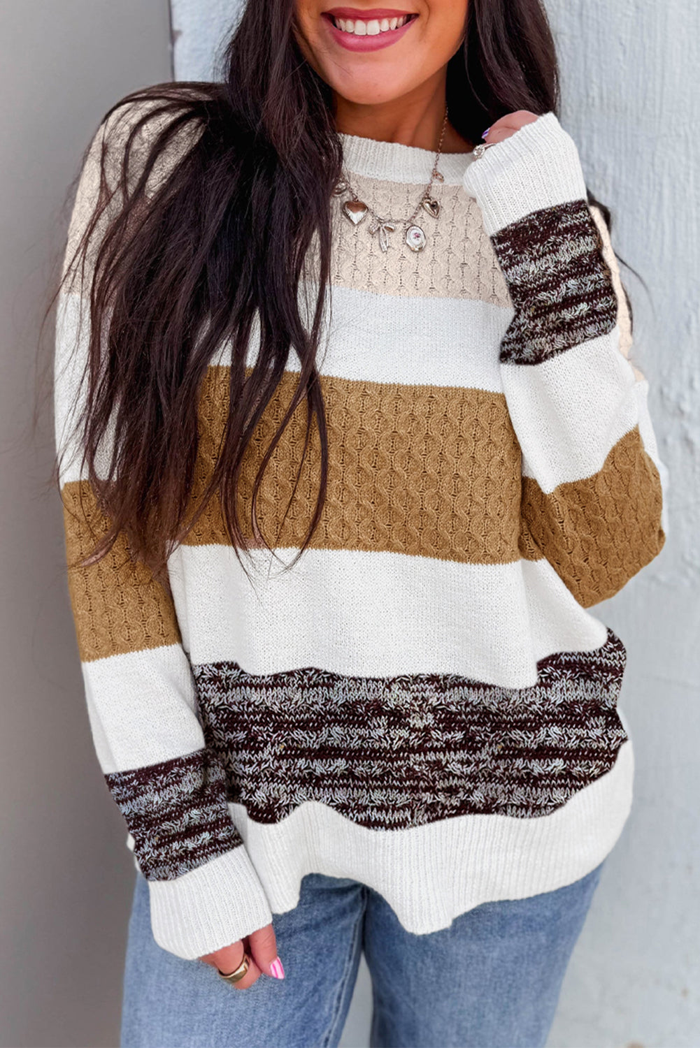 Brown Striped Color Block Sweater