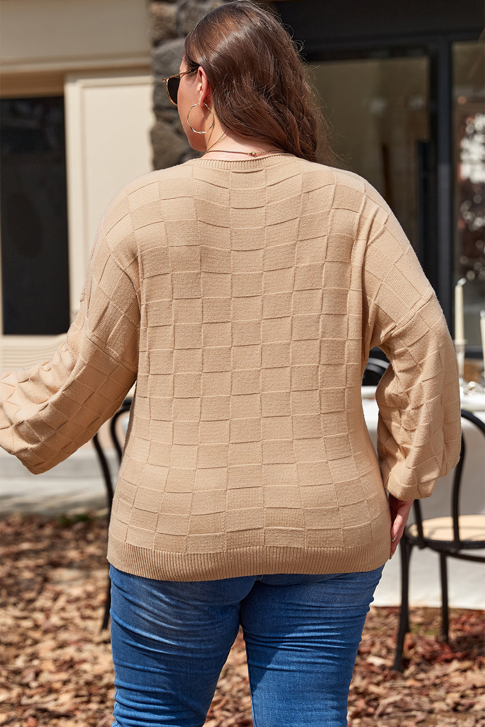 Plus size Dear-Lover French beige checkered textured knit sweater, cozy and stylish for cold weather.