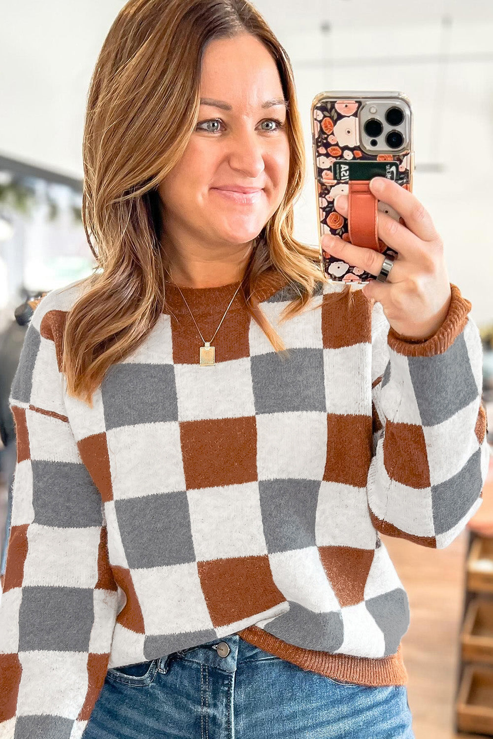 Brown Plus Size Checkered Crewneck Sweater