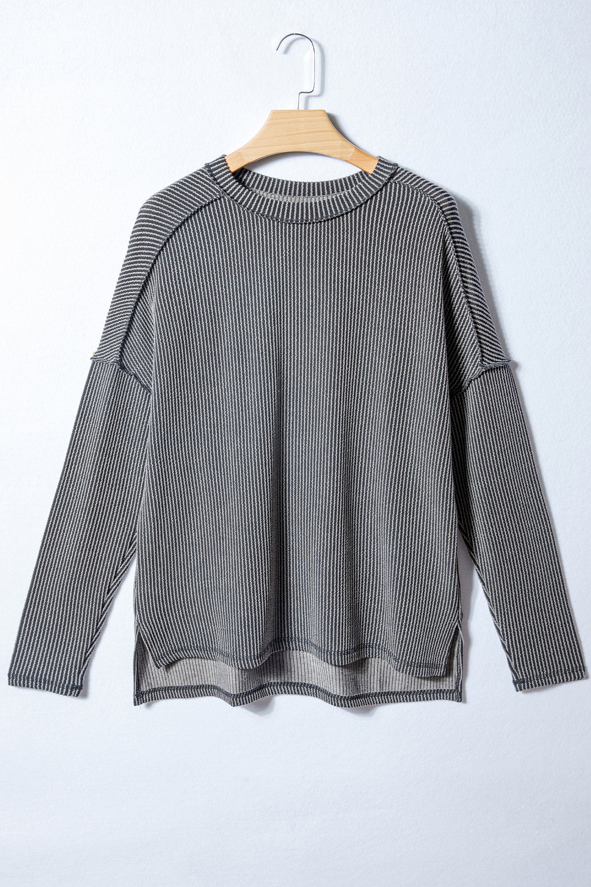 Parchment Twist Ribbed Exposed Seam Detail Long Sleeve Loose Top