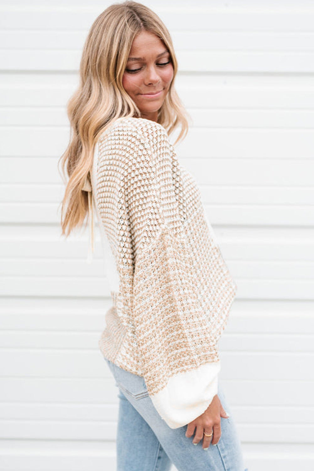 Oatmeal Mixed-Pattern Tie-Keyhole Sweater
