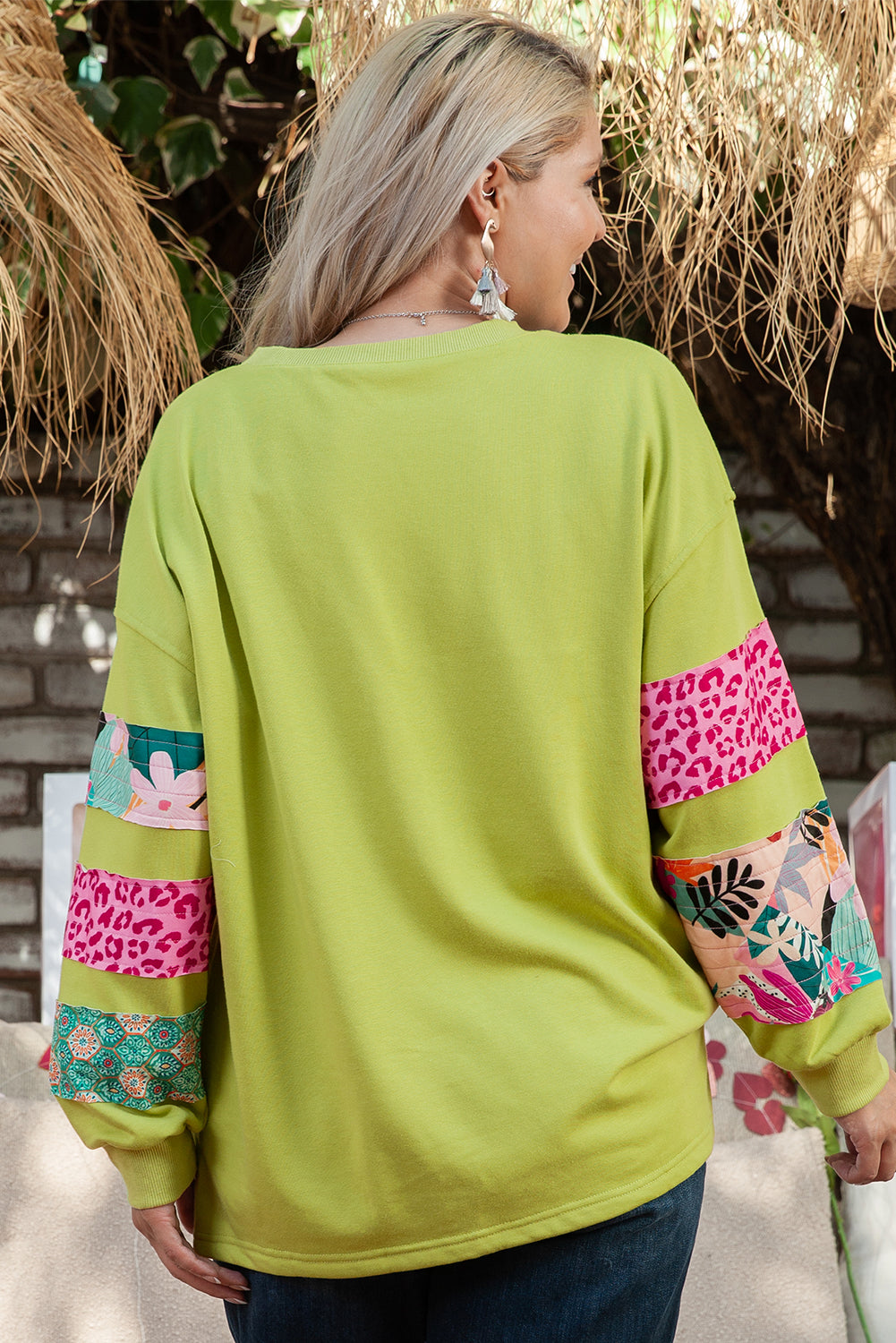 Plus size green printed patchwork sweatshirt with split sleeves from Dear-Lover, featuring a stylish, comfortable design.
