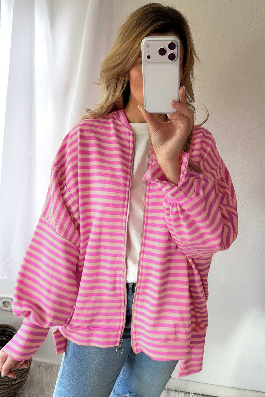 Pink Stripe Zip-Up Puff Sleeve Zip Jacket Sweatshirt