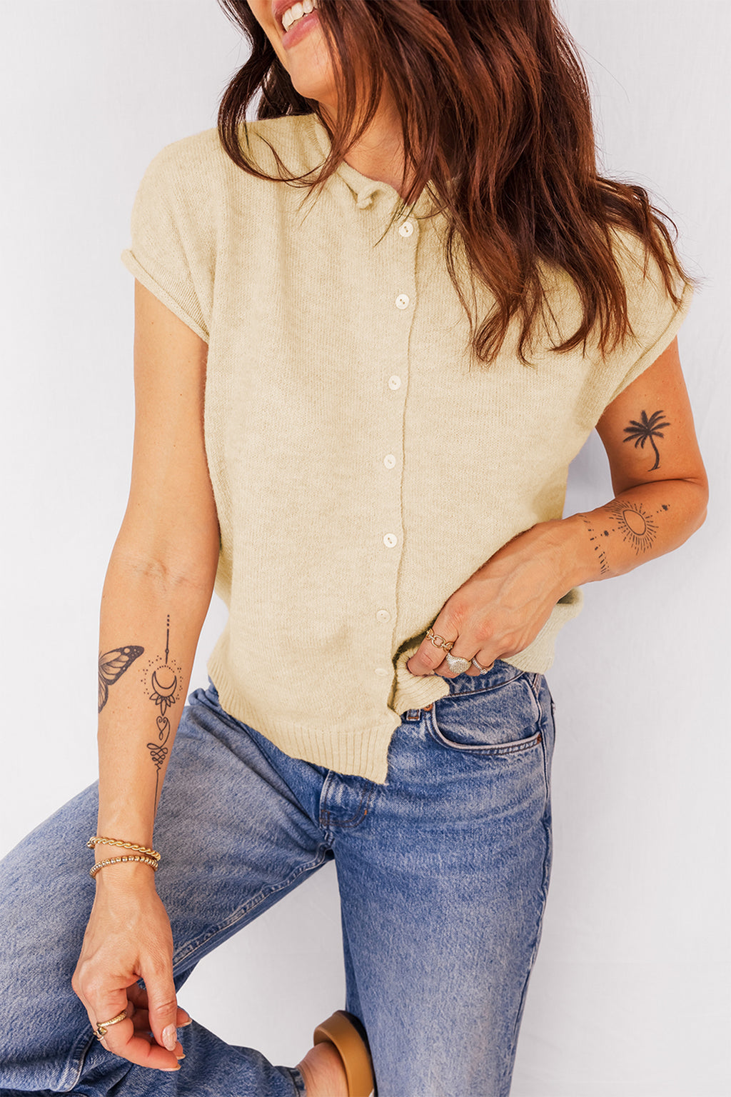 Apricot Sweater Top with Cap Sleeves & Buttons