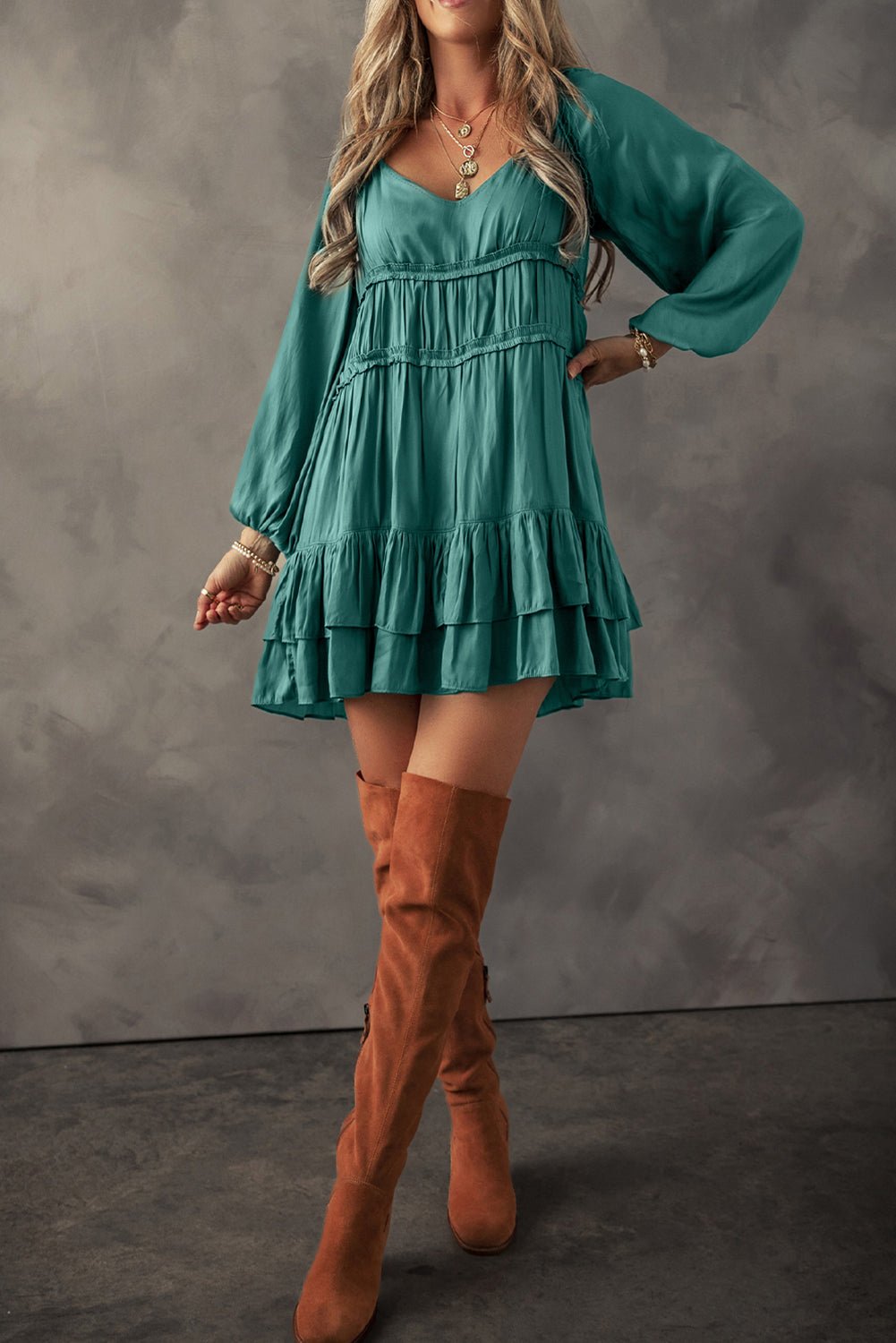 Mist Green Tiered Puff-Sleeve Mini Dress