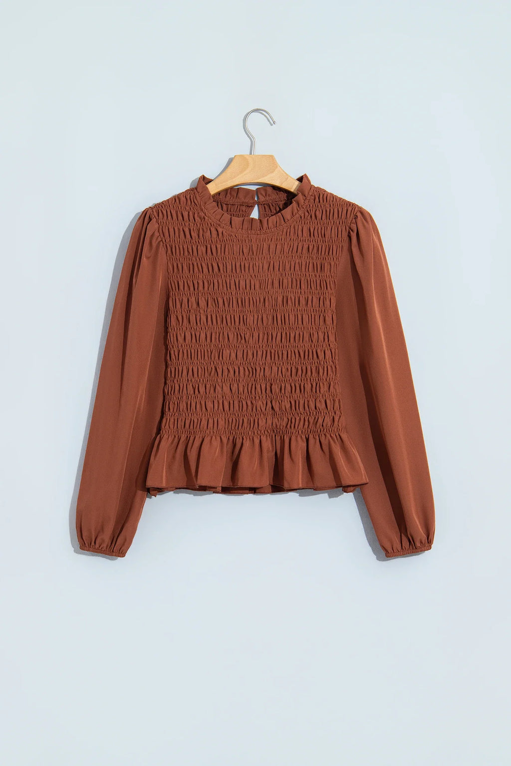 Solid Smocked Ruffle Hem Long Sleeve Blouse