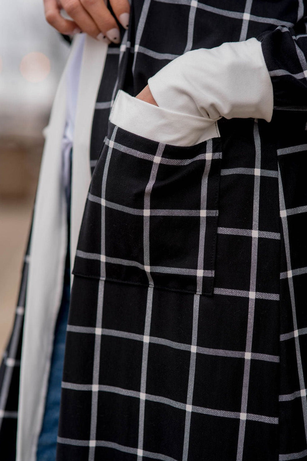 Black plaid colorblock edge open cardigan with pockets by Dear-Lover, featuring a stylish, casual design and comfortable fit.