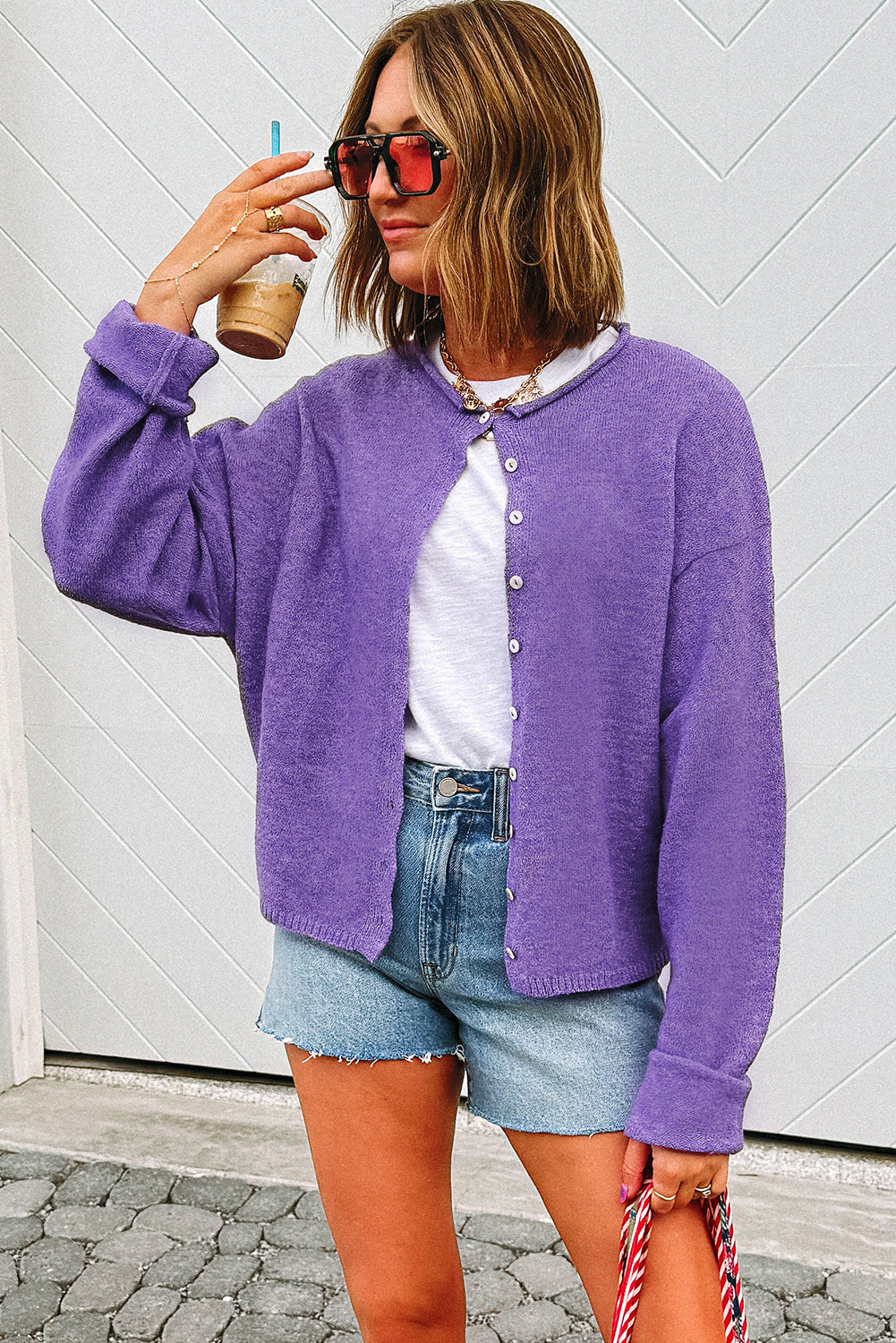 Solid Color Sweater Cardigan with Buttons