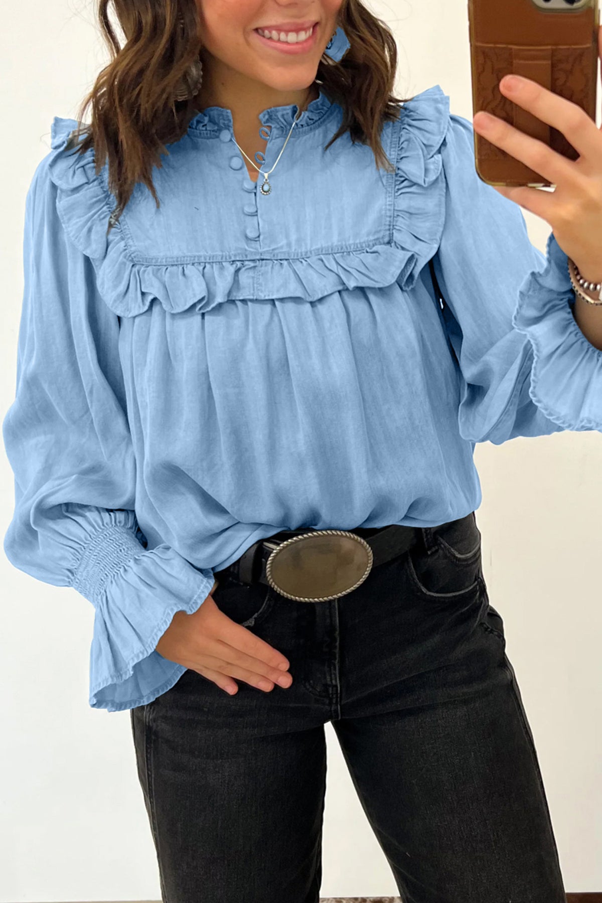 Beau Blue Western Ruffle V-Neck Long-Sleeve Chambray Blouse