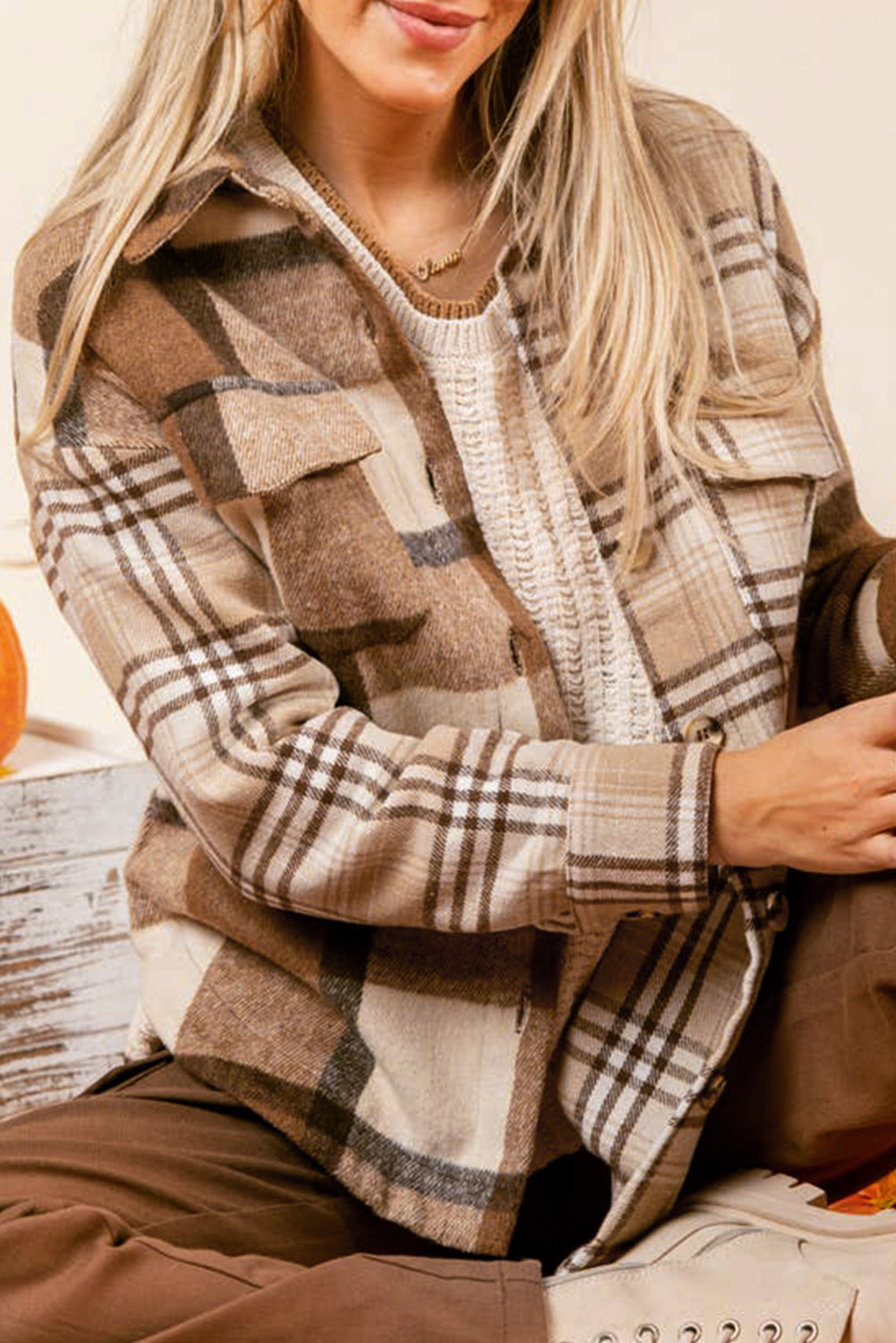 French beige plaid shacket with double flap pockets, made of soft flannel, by Dear-Lover. Perfect for casual layered style.