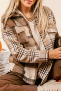 French beige plaid shacket with double flap pockets, made of soft flannel, by Dear-Lover. Perfect for casual layered style.